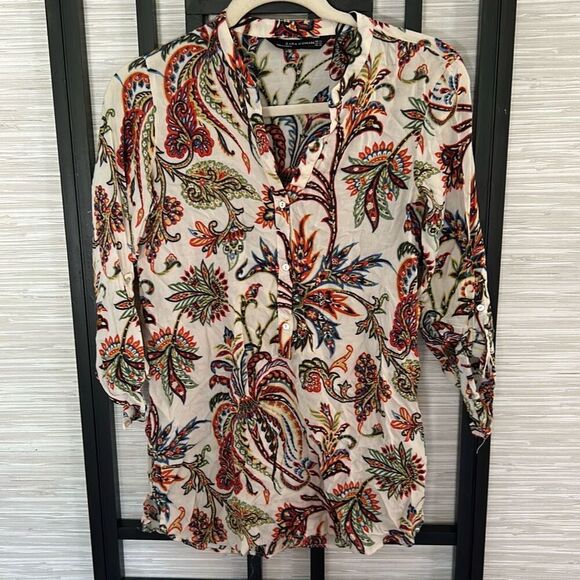 Zara beige ethnic print blouse size XS - Picture 1 of 5
